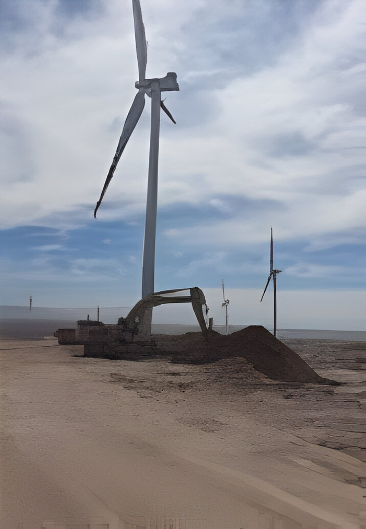 Equipo pesado trabajando en la base de un aerogenerador en un parque eólico.